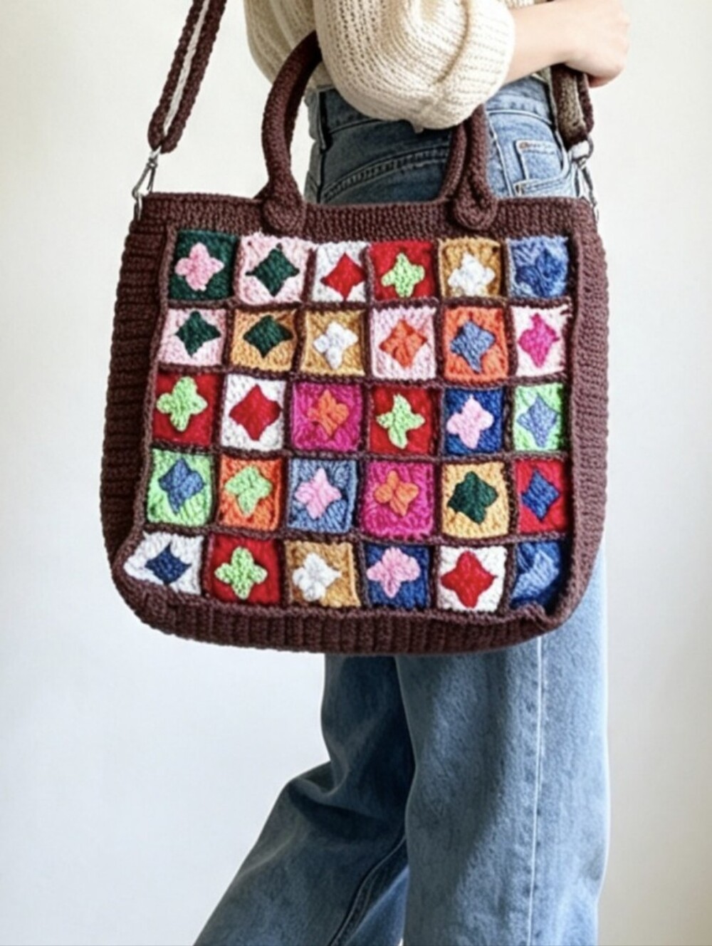 Handmade Crochet Tote, Granny Squares Boho Crossbody bag, cottagecore purse